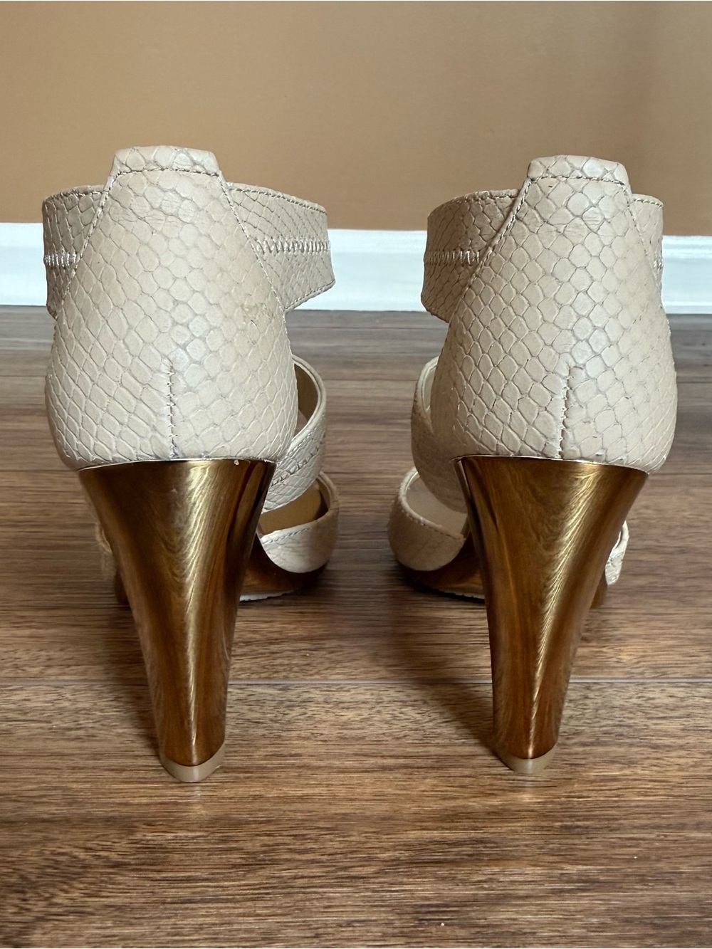 Michael Kors Berkley Strappy Snakeskin T-Strap High Heel Sandals - Picture 6 of 13